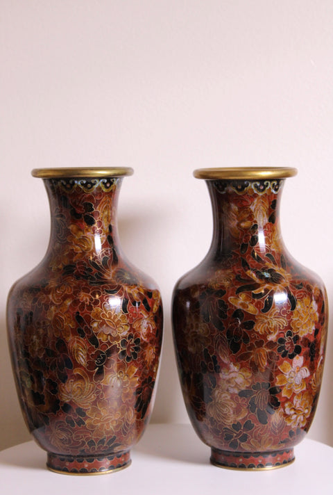 Pair of Vintage Cloisonné Floral Vases