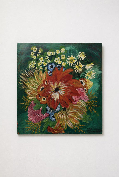 Vintage Floral Still Life on Green Ground