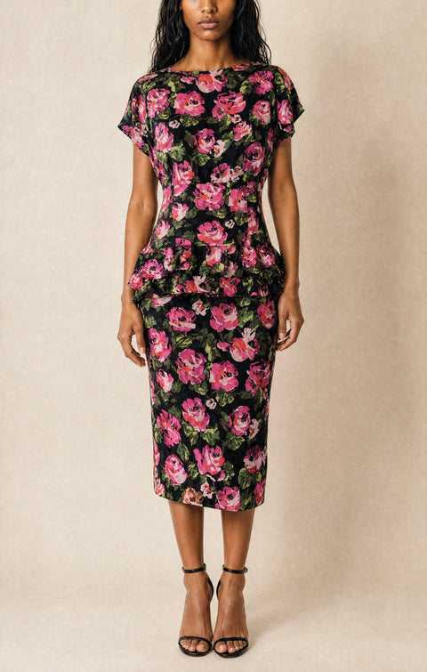 Black Pink Floral Peplum Dress