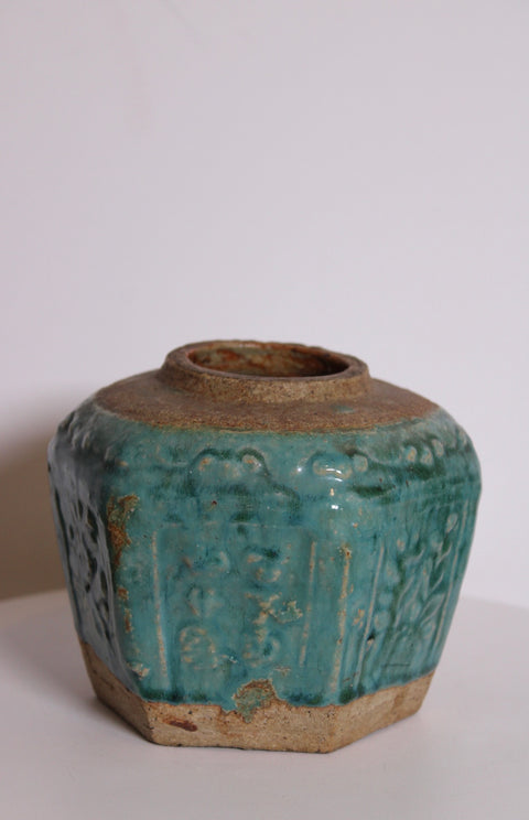 Vintage Chinese Aquamarine A Ginger Jar | Hexagonal Earthenware Vessel