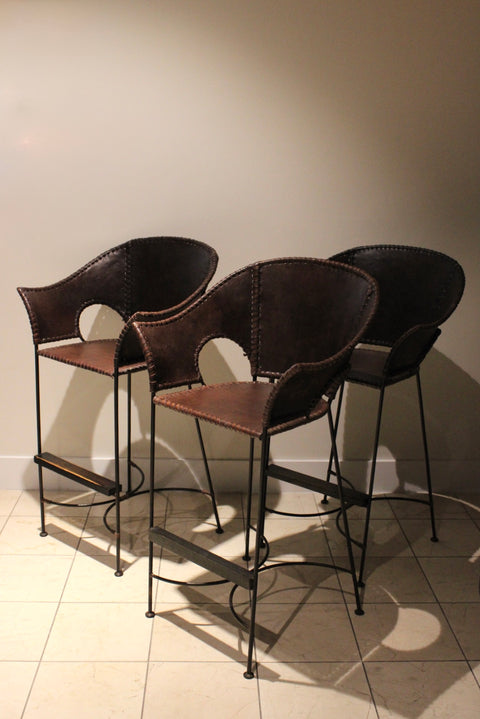 Set of 3 Vintage Leather & Iron Counter Stools | Rustic Modern Bar Seating