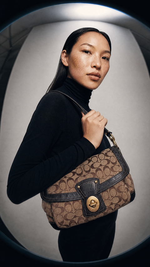 Pre Owned Coach Soho Flap Shoulder Bag | Khaki Brown Signature C Canvas | Dark Brown Leather Trim (Vintage Y2K)