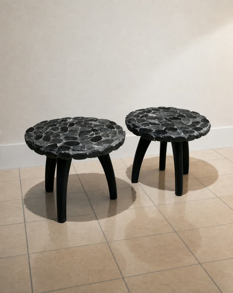 Hand tiled Black Stone Side Tables (Pair)