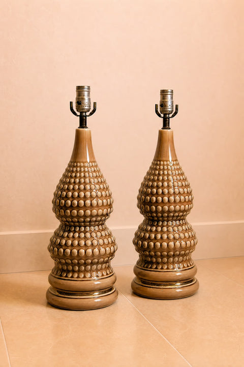 Pair of Brown Hobnail Ceramic Table Lamps