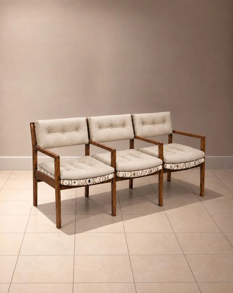 1980s Walnut Three-Seat Bench with Neutral Linen Upholstery