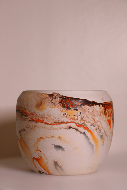 Vintage Nemadji Swirl Pottery Cylinder Bowl Cream Orange Black Marbled Clay