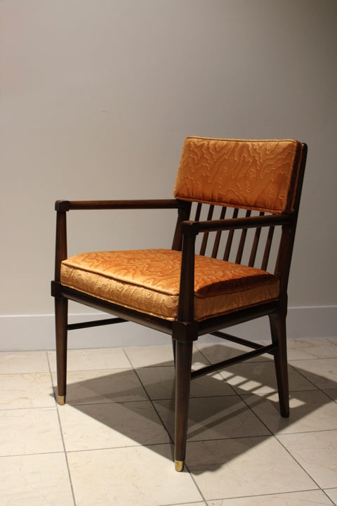 Set of 6 Mid Century Modern Walnut Dining Chairs – Brass Capped Legs & Velvet Upholstery