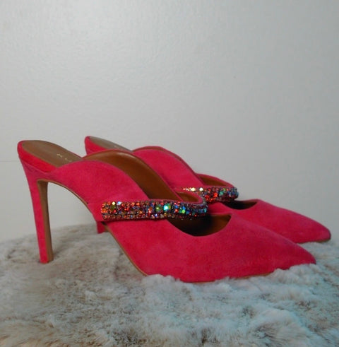 Pre Owned “Kurt Geiger London” Pink Suede Mule Heels | Rhinestone Strap Pointed Toe Pumps | Y2K Statement Heels