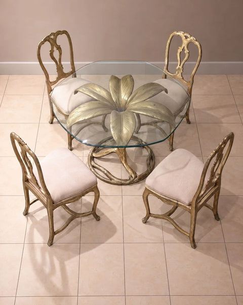 Vintage Drexel Gilt Lily Glass-Top Dining Table and Four Chairs