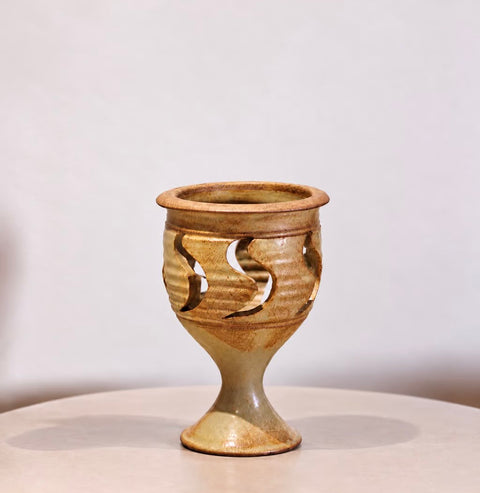 Earth-Tone Pierced Pottery Pedestal Candle Holder