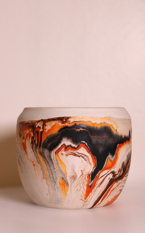 Vintage Nemadji Swirl Pottery Cylinder Bowl Cream Orange Black Marbled Clay
