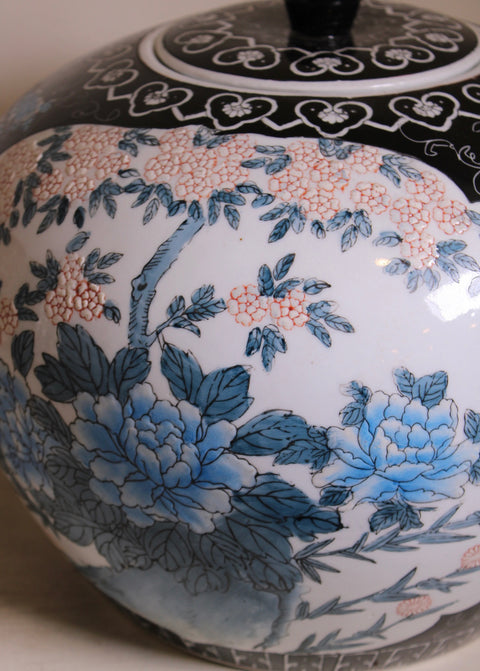 Vintage Black and Blue Floral Covered Porcelain Jar