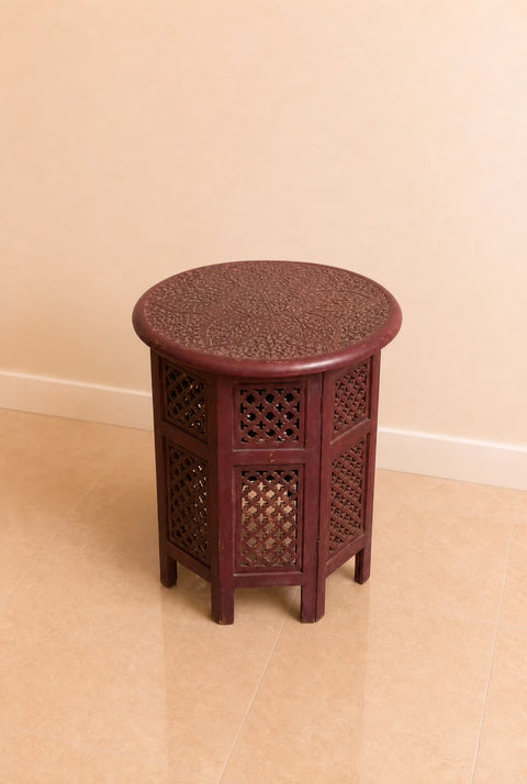 Vintage Hand-Carved Moroccan Round Accent Table | Red Wood Side Table