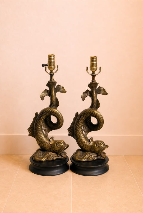 Pair of Vintage 1950s Japanese Koi Fish Table Lamps – Hollywood Regency Brass Sculptural Lamps