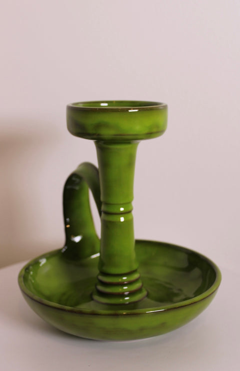 Mid Century Olive Green Pottery Chamberstick Candle Holder
