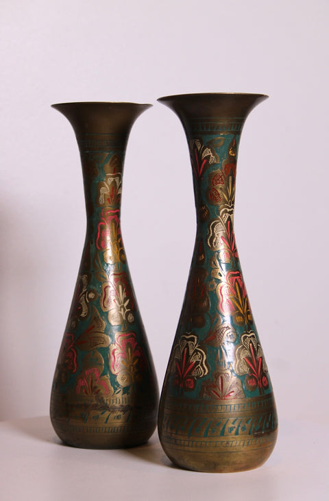 Pair of Painted Brass Floral Vases