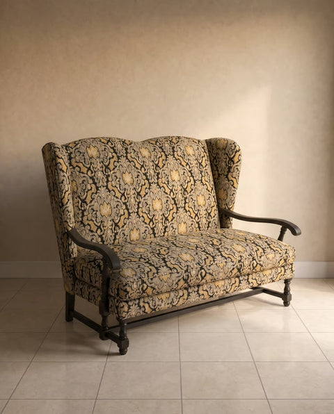 Early 20th Century Vintage Wingback Ikat Settee