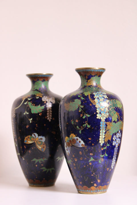 Pair of Vintage Cloisonné Butterfly & Wisteria Vases