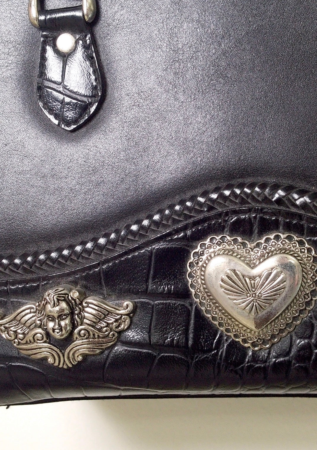 Pre Owned Brighton Black Leather Doctor Bag | Cherub & Heart Silver Concho Hardware | Braided Handles | 90s (Y2K Vintage)