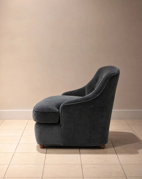 Vintage Charcoal Velvet Button-Tufted Barrel Chairs (Pair)