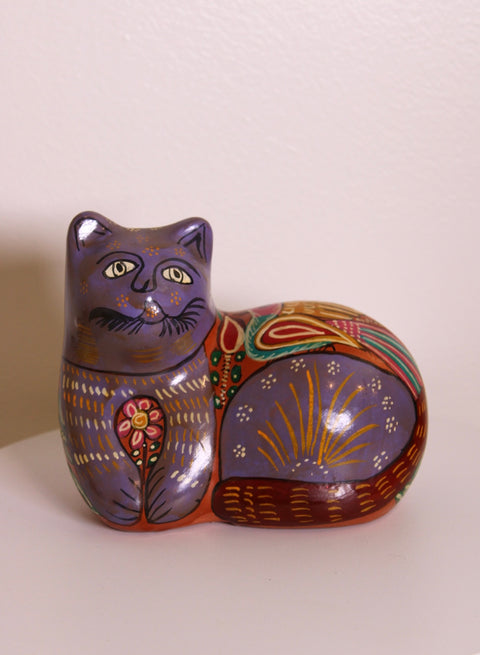 Purple Tonala Pottery Cat Sculpture, Hand-Painted