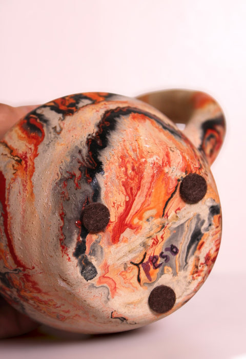 Vintage Nemadji Pottery Small Swirl Cachepot Vase Orange Black Clay