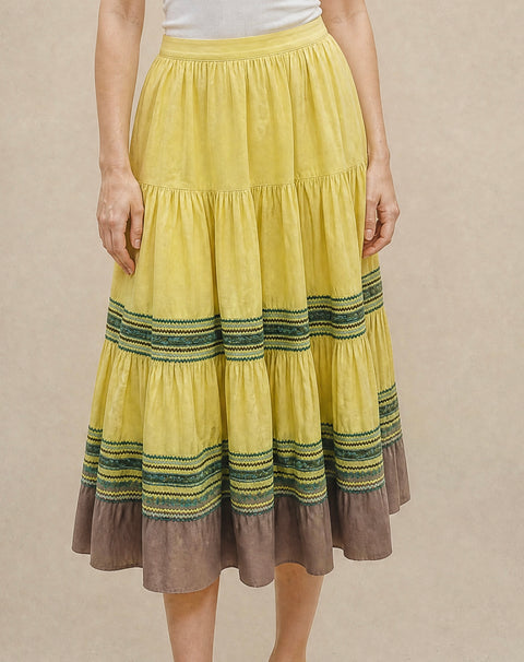 Vintage Yellow Tiered Prairie Midi Skirt