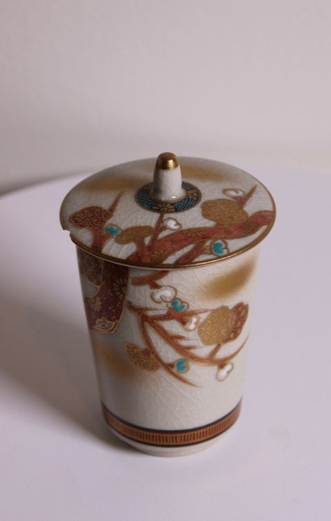 Vintage Japanese Lidded Porcelain Tea Cup with Bird & Blossoms