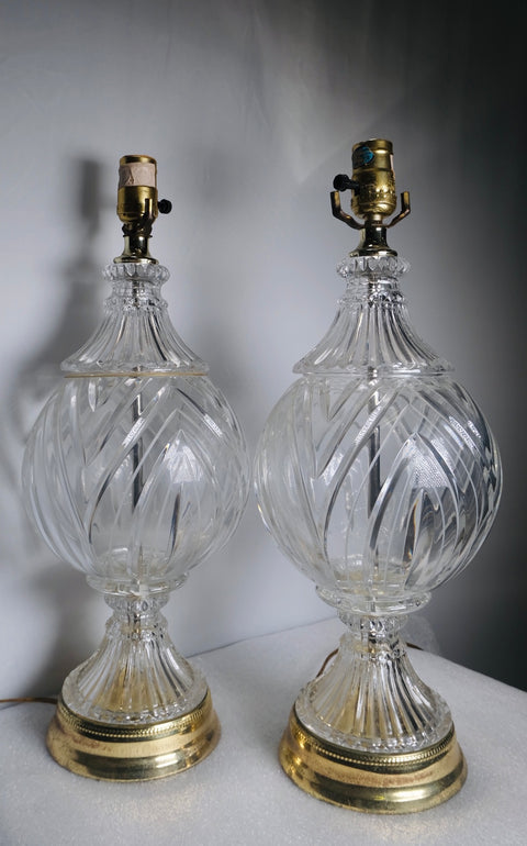 Pair of “Hollywood Regency” Crystal Ball And Brass Lamps