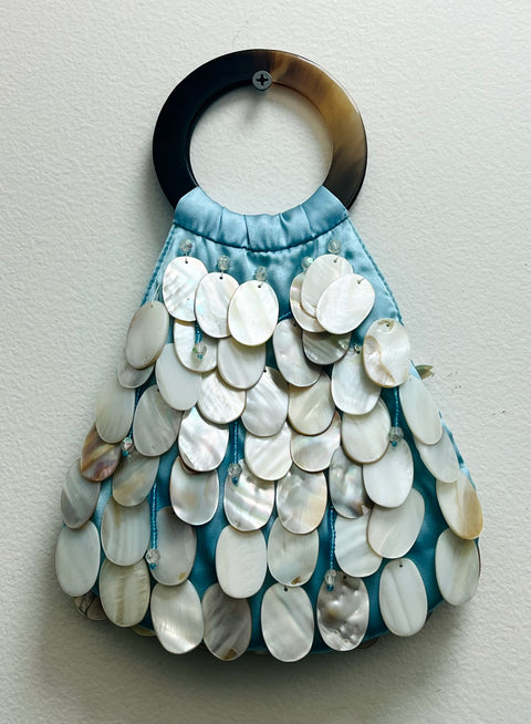 Aqua Shell-Embellished Ring-Handle Handbag