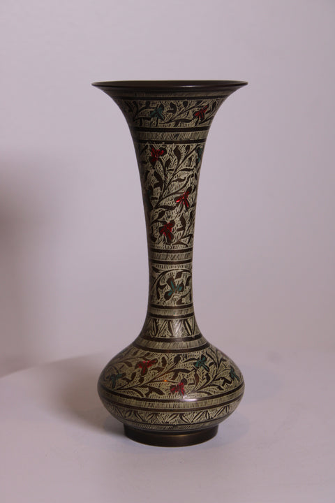 Floral Etched Brass Trumpet Vase