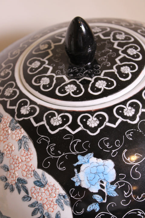 Vintage Black and Blue Floral Covered Porcelain Jar