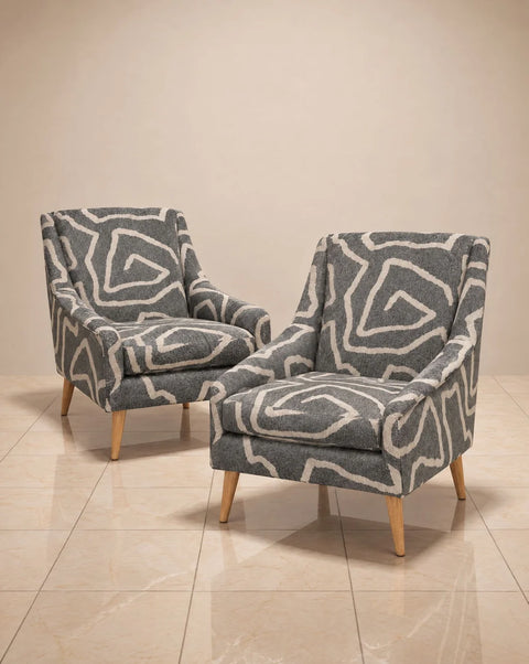 Gray Abstract Pattern Upholstered Armchairs – Pair