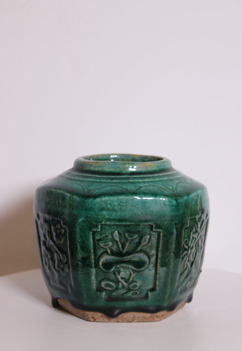 Vintage Chinese Turquoise Ginger Jar | Hexagonal Earthenware Vessel
