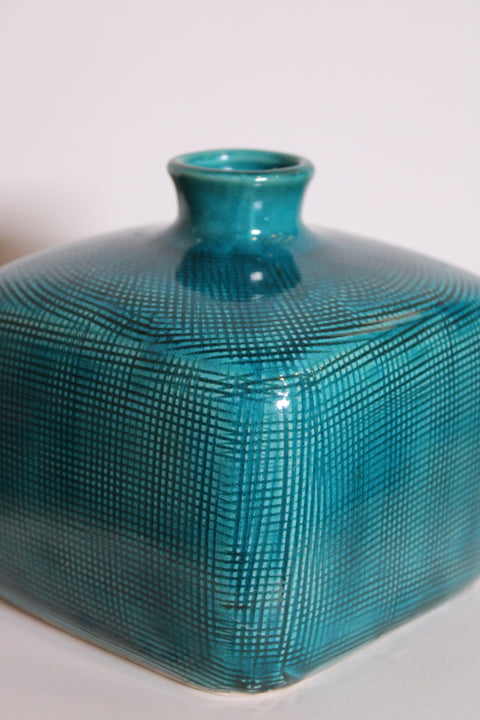 Pair of Turquoise Crosshatch Studio Pottery Bottles