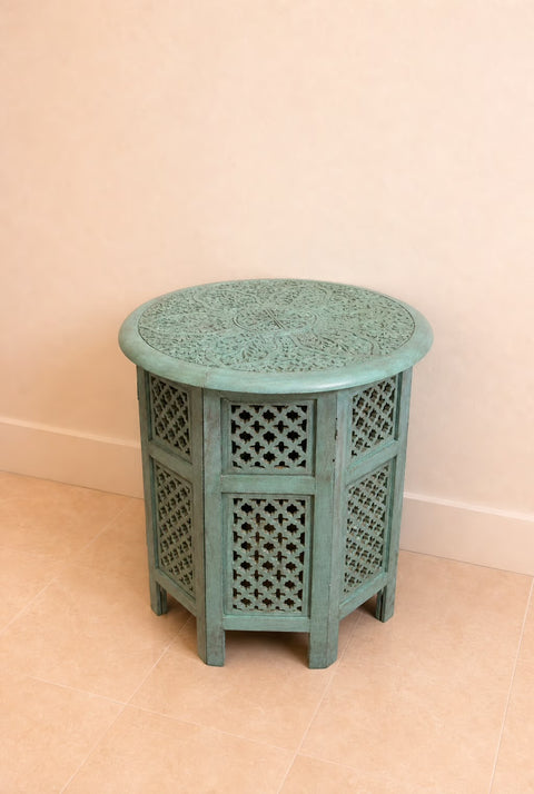 Vintage Hand-Carved Moroccan Round Accent Table | Turquoise  Wood Side Table