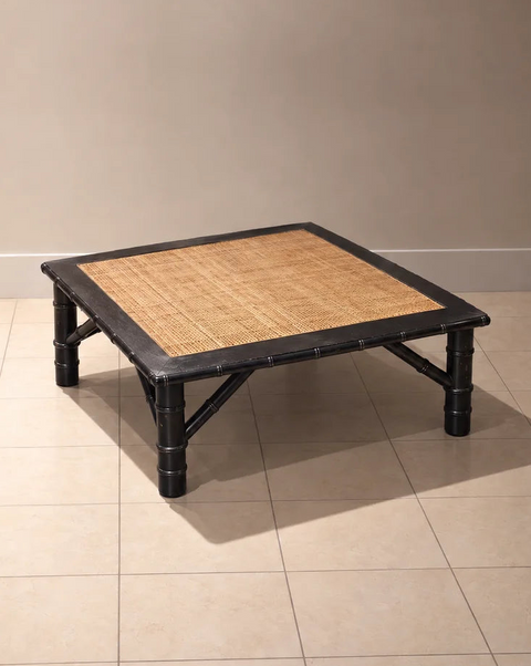 Black Bamboo-Style Square Coffee Table with Woven Inset Top