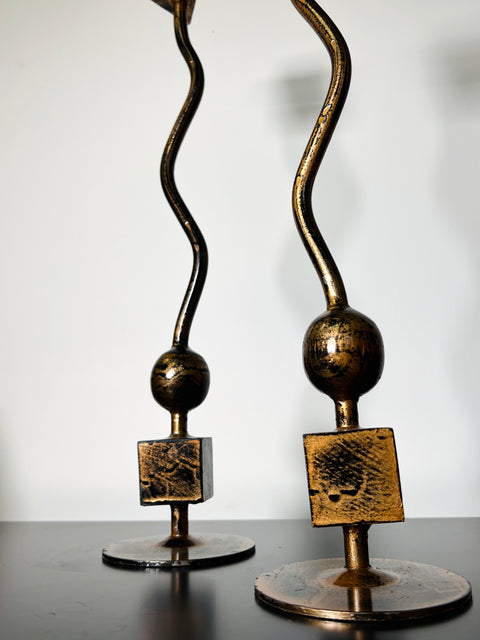 Vintage Pair of Gold Heavy Cast Iron Candle Stick