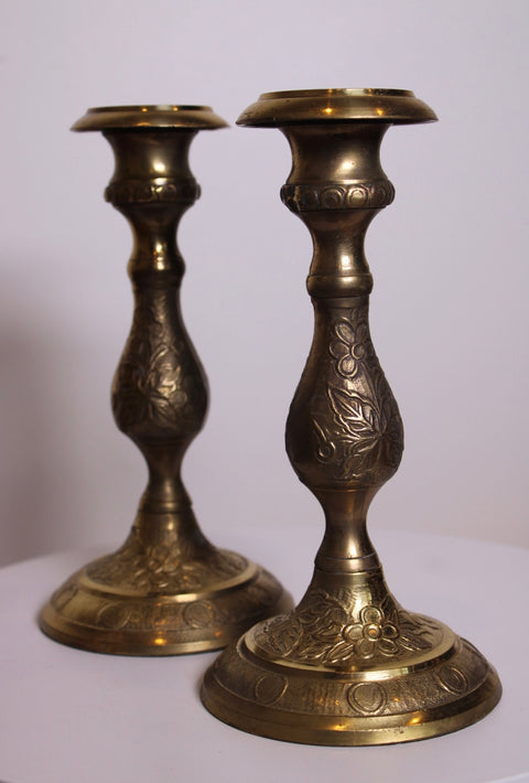 Pair of Engraved Brass Candlesticks