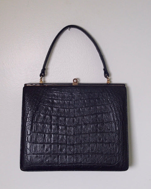 Pre Owned Black Genuine Crocodile-Embossed Leather Frame Bag | Wild Croco Embossment | Gold Hardware Kiss-Lock Handbag (VIntage)