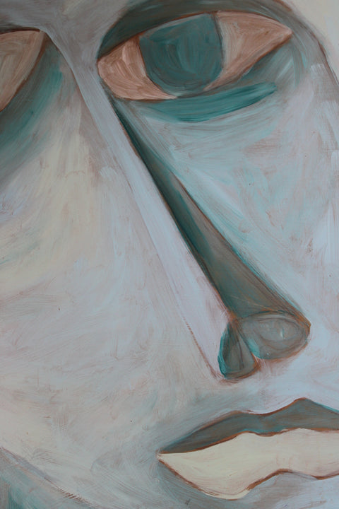 Teal Expressionist Face with Hands Painting