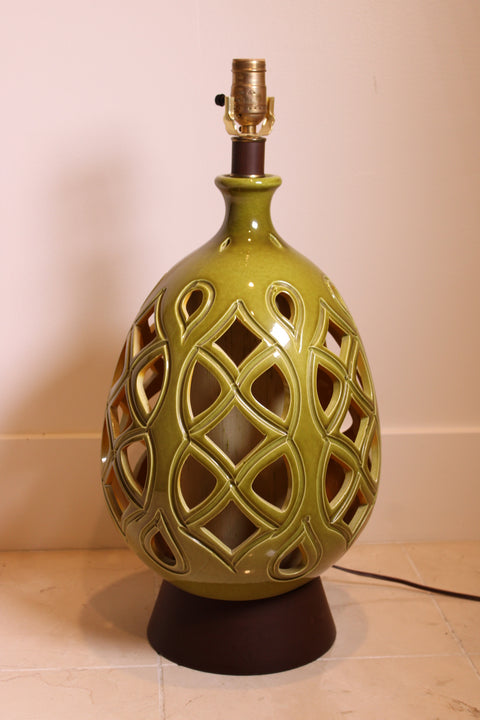 Mid-Century Olive Green Pierced Pottery Table Lamp