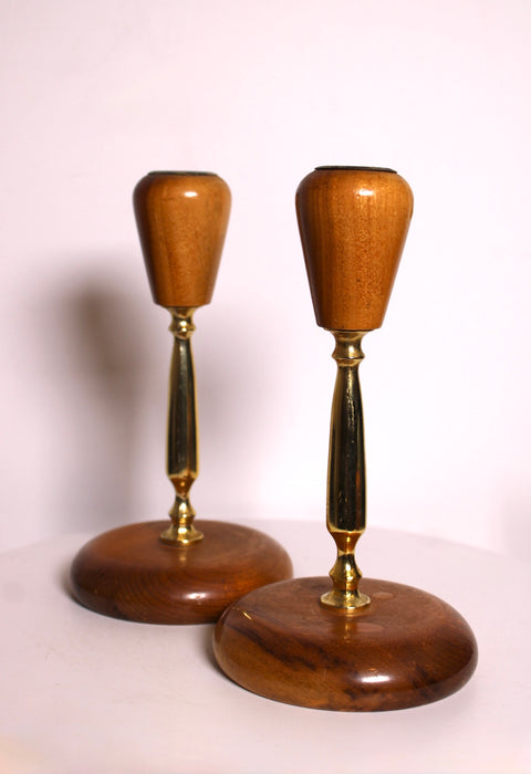 Pair of Myrtle Wood and Brass Candlesticks