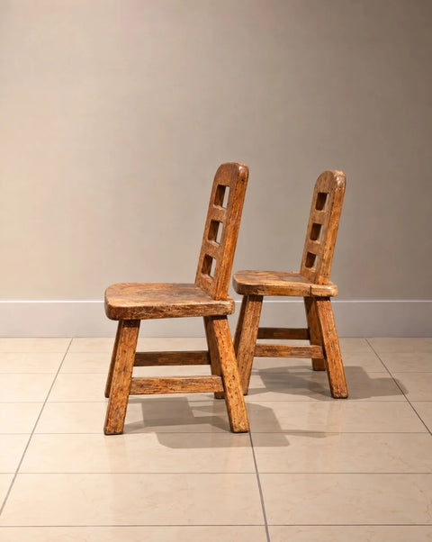 Rustic Primitive Wood Side Chairs with Cutout Backs – Pair