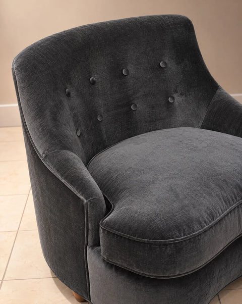 Vintage Charcoal Velvet Button-Tufted Barrel Chairs (Pair)