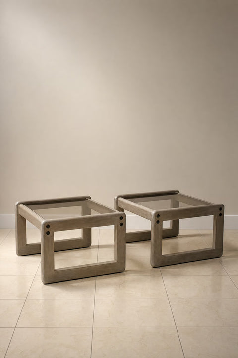 Vintage Modern Glass Top End Tables (Pair) | Sculptural Oak Side Tables
