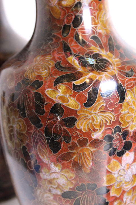 Pair of Vintage Cloisonné Floral Vases