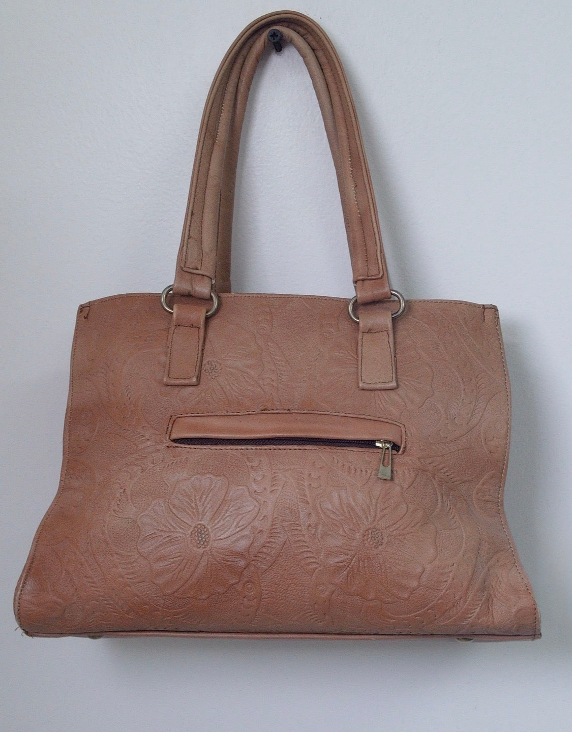 Pre Owned Tan Floral Tooled Embossed Leather Tote Bag | Western Boho | Double Handles | Back Zip Pocket (Vitange)