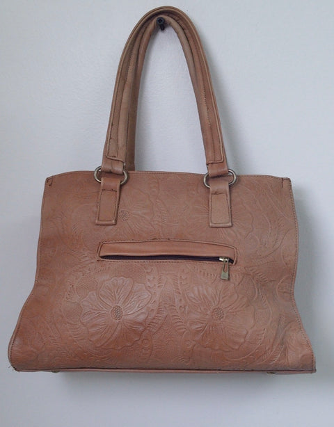 Pre Owned Tan Floral Tooled Embossed Leather Tote Bag | Western Boho | Double Handles | Back Zip Pocket (Vitange)