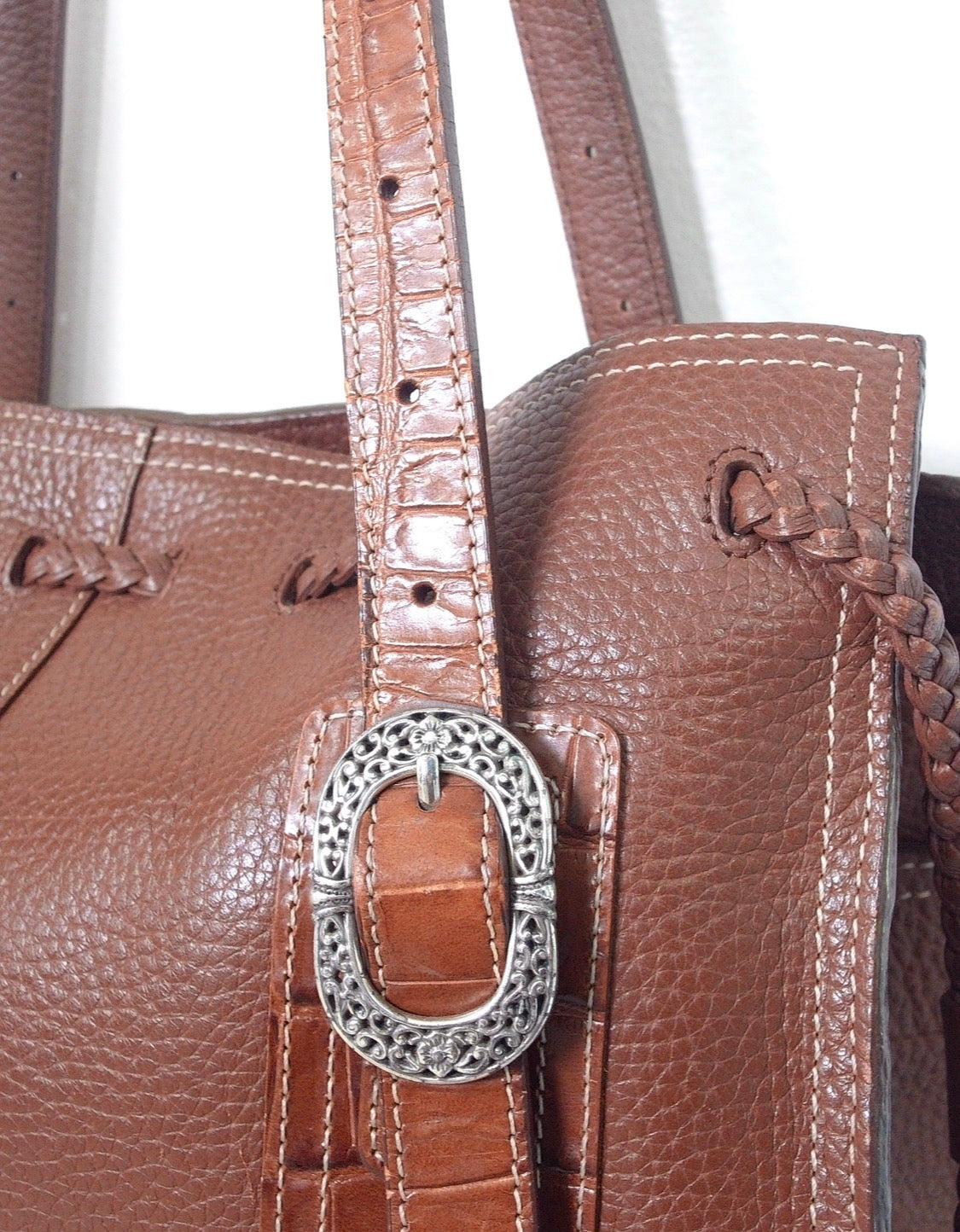 Pre Owned Brighton Brown Pebbled Leather Satchel | Croc Trim | Silver Buckle Hardware | Braided Detail